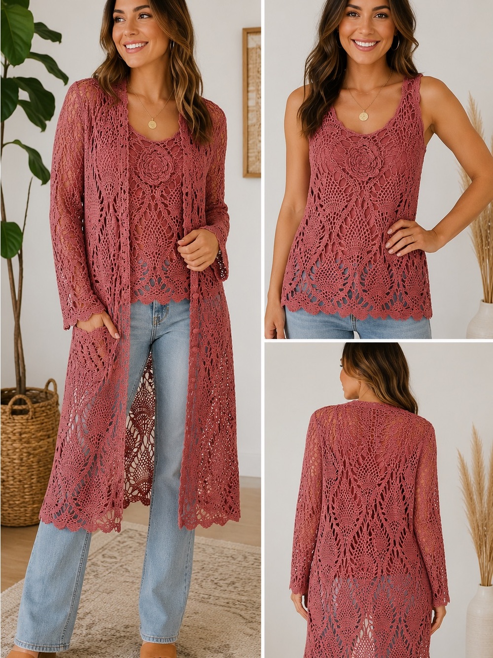 Newport News Vintage Duster & Tank Set Size M Dusty Rose Crocheted